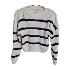 Amour Vert Sweater Small White Blue Striped Linen Cotton Pullover Knit Crewneck